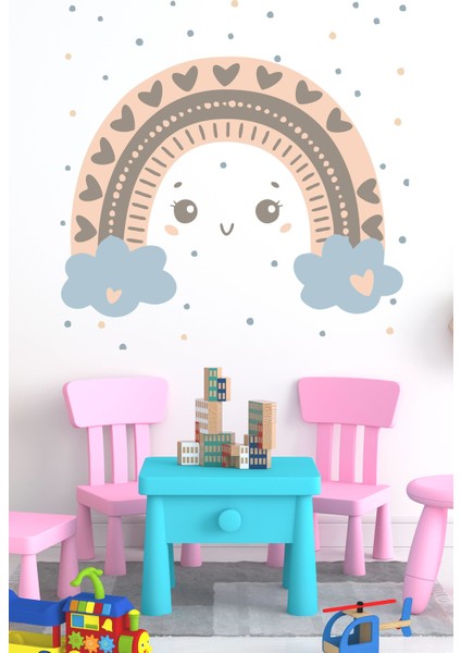Bulutlu Gökkuşağı ve Puantiyeler Çocuk Bebek Odası Duvar Sticker Seti modelleri