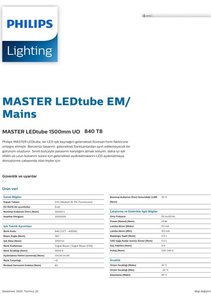 Master 22W 840 T8 220-240V 50-100V LED Tube 1500 mm 2000 Lümen 5 Adet