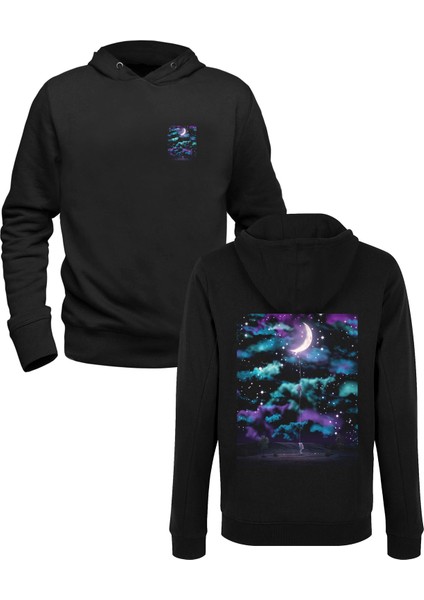 Space Tasarımlı Resimli Dijital Baskılı Siyah Ön Arka Baskılı Sweatshirt