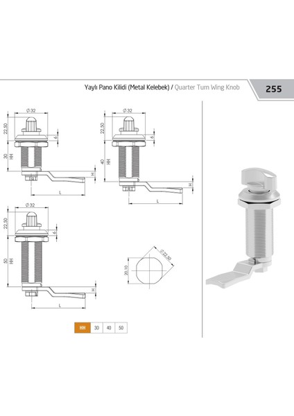 Şalt Kapak Kilidi H:30MM Kelebek Anahtarlı Krom