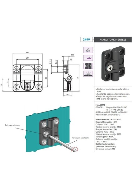 Ayarlı Tork Menteşe 66X38 mm
