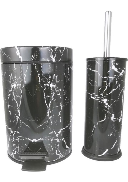 Siyah Mermer Desenli Tuvalet Fırçası Çöp Kovası Banyo Seti