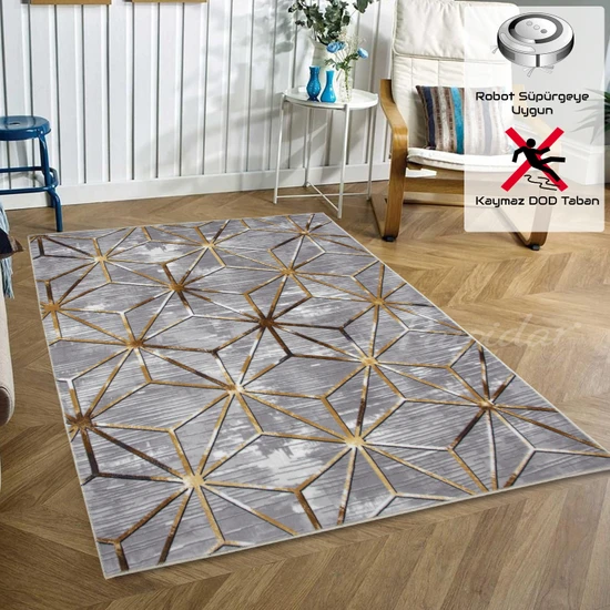 Payidar Yıkanabilir Kaymaz Taban Desen 1093 Gri/gold 80 x 150 cm Dijital Baskı Halı