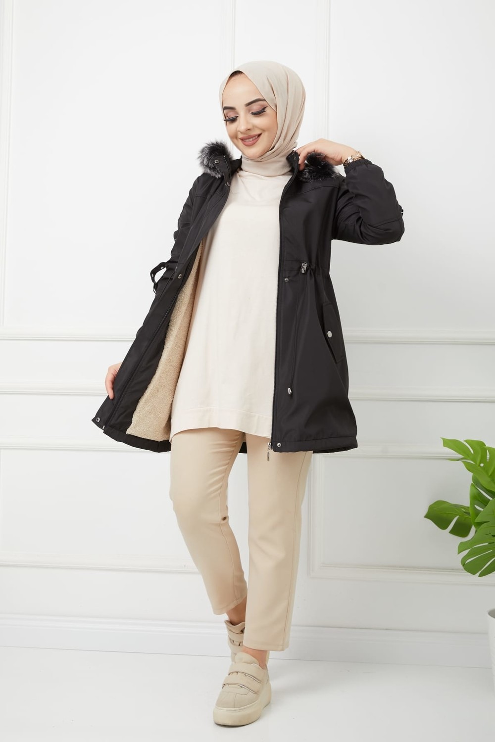 Vibeys Collection Haki Içi Kürkü ve Su Geçirmez Bayan Kışlık Mont & Kaban görsel 3