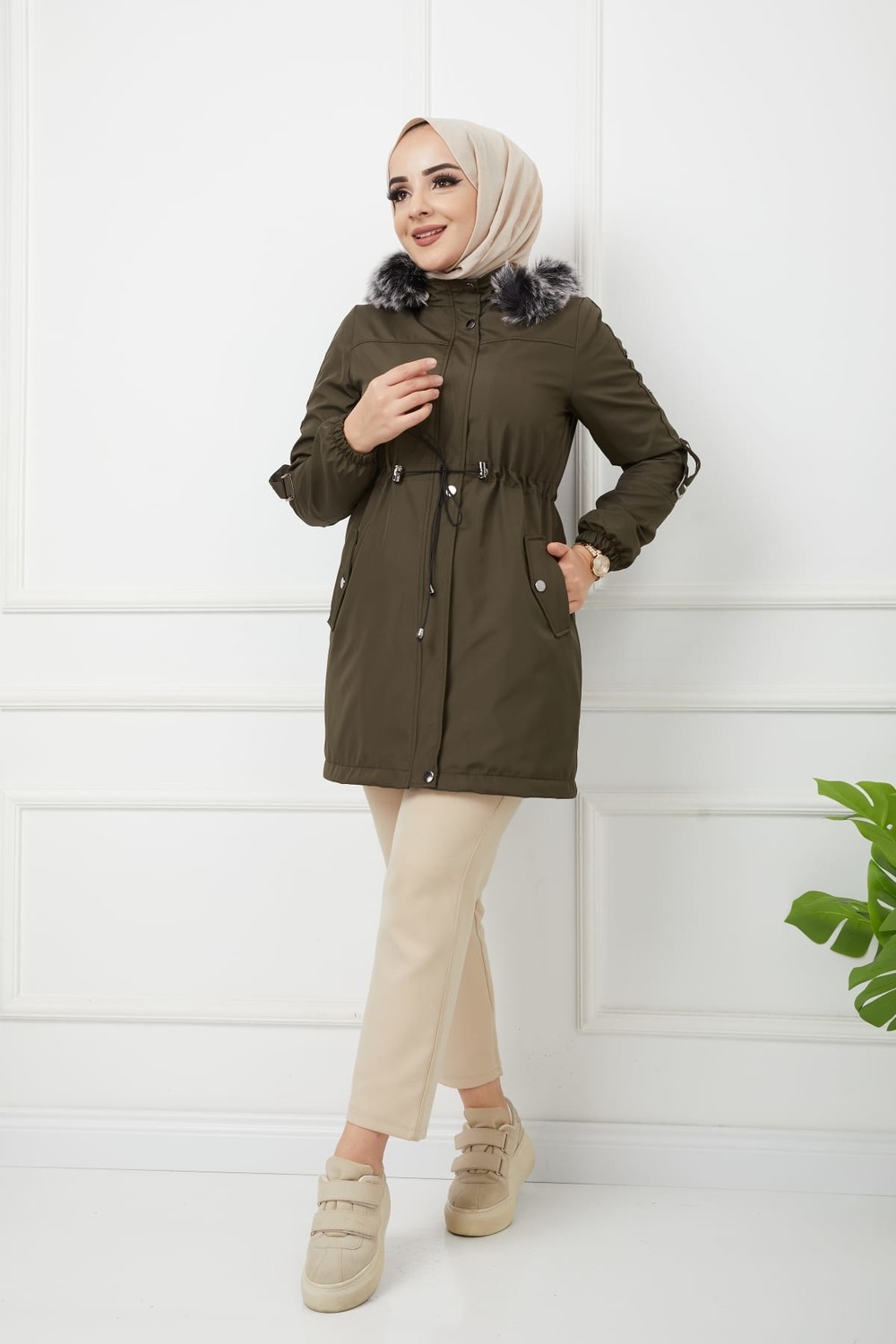 Vibeys Collection Haki Içi Kürkü ve Su Geçirmez Bayan Kışlık Mont & Kaban görsel 4