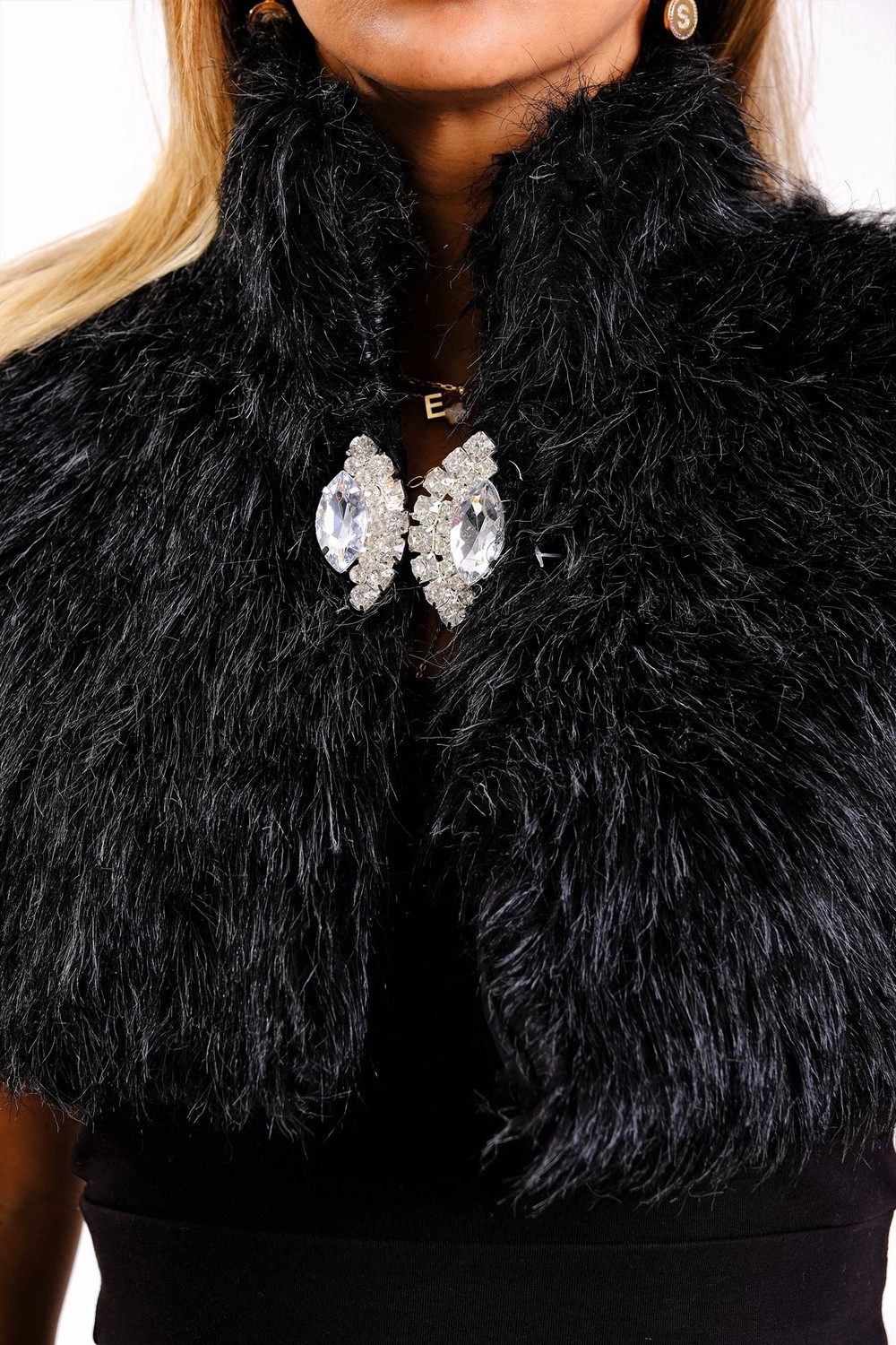 Keyifli Moda Kadın Siyah Broşlu Kürk Etol Bolero görsel 4