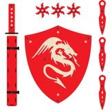 Ahtek Ahşap Samuray Seti 4 Lü, Kalkan +Katana Kılıcı + Ninja Yıldızı Kohga + Fırlatma Bıçağı Kunai Kırmızı
