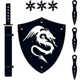 Ahtek Ahşap Samuray Seti 4 Lü, Kalkan +Katana Kılıcı +Ninja Yıldızı Kohga +Fırlatma Bıçağı Kunai Siyah