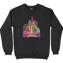 Cix Renkli Londra Illüstrasyon Siyah Sweatshirt