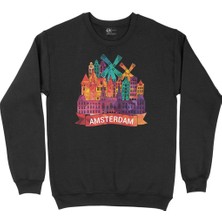 Cix Renkli Amsterdam Illüstrasyon Siyah Sweatshirt