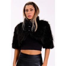 Keyifli Moda Kadın Siyah Yarım Kollu Düğmeli Kürk Etol Bolero