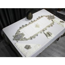 Çeyiz Diyarı Fransız Güpürlü Kelebek Masa Örtüsü Takımı 26 Parça Krem Gold