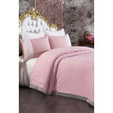 Evlen Home Collection Başak Fransız Güpürlü Yatak Örtüsü Battaniye Seti Pudra (6 Parça)