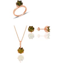 Söğütlü Silver Gümüş Lotus Çiçeği Modeli Columbia Zümrüt Renkli Taşlı Üçlü Set