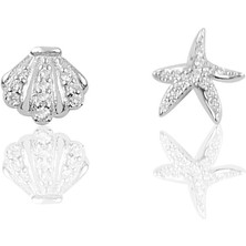 Söğütlü Silver Gümüş Beyaz Altın Zirkon Taşlı Deniz Yıldızı ve Midye Modeli Kombin Küpe