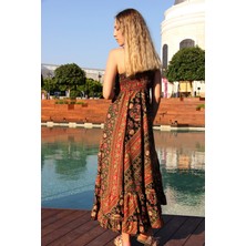 Bohemian Kadın Siyah Şal Desen Askılı Fırfırlı Elbise