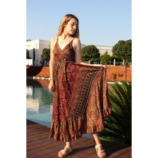 Bohemian Kadın Siyah Şal Desen Askılı Fırfırlı Elbise