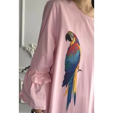 Bohemian Kadın Pembe Viskon Pamuk Kolları Pileli  Elbise