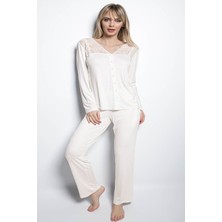 Monamise 18201 Kadın Uzun Kollu Pijama Takım-Ekru