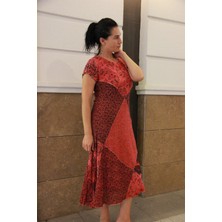 Bohemian Kadın Ay Kol Patchwork Naturel Elbise