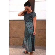 Bohemian Kadın Ay Kol Patchwork Naturel Elbise