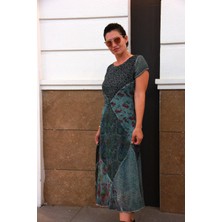 Bohemian Kadın Ay Kol Patchwork Naturel Elbise