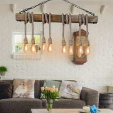 Noonlux Ahşap Avize  8li Halatlı Oturma Odası Salon Vb