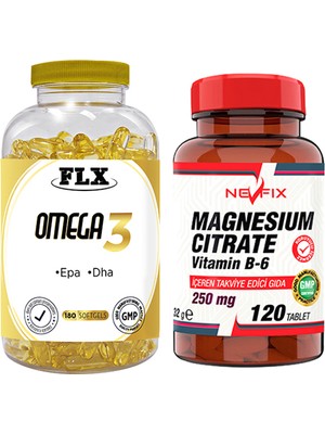 Flx Omega 3 Balık Yağı 180 Softgel & Nevfix Magnesıum Cıtrate Vitamin B-6 120 Tablet