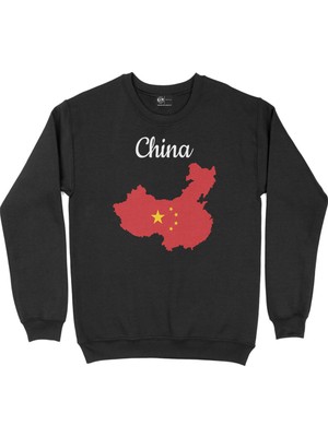 Cix Çin Haritalı ve Bayraklı Siyah Sweatshirt