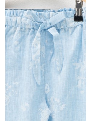 Zeyland Kız Çocuk Beli Lastikli Ince Mavi Çiçekli Pantolon (5-12YAŞ)