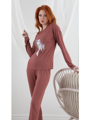 Sevim 13159 Bayan Uzun Kol Baskılı Tarçın Pijama Takımı