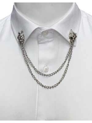 Elegante Cravatte Kurt Figürlü Zincirli Gömlek Yaka Iğnesi