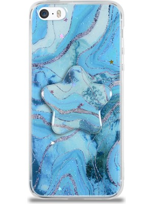 Caseart Apple iPhone 5 Kapak Mermer Desenli Pop Socketli Silikon Kılıf - Mavi