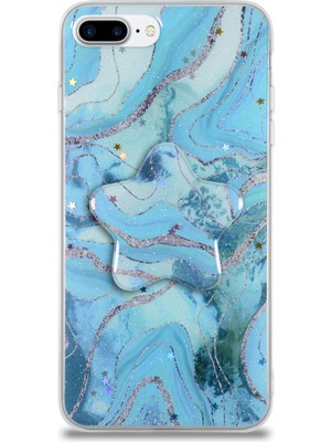 Caseart Apple iPhone 7 Plus Kapak Mermer Desenli Pop Socketli Silikon Kılıf - Mavi