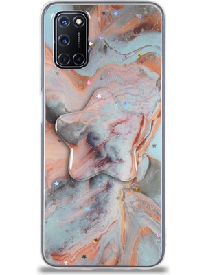 Caseart Oppo A52 Kapak Mermer Desenli Pop Socketli Silikon Kılıf - Mercan