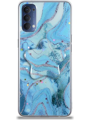 Caseart Oppo Reno 4 Kapak Mermer Desenli Pop Socketli Silikon Kılıf - Mavi
