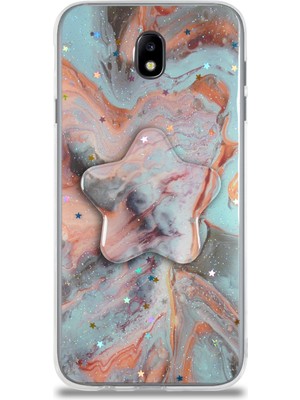Caseart Samsung Galaxy J7 Pro Kapak Mermer Desenli Pop Socketli Silikon Kılıf - Mercan