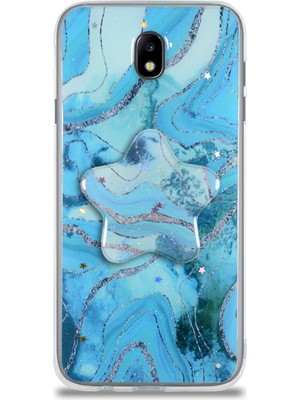 Caseart Samsung Galaxy J7 Pro Kapak Mermer Desenli Pop Socketli Silikon Kılıf - Mavi
