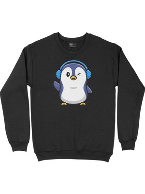 Cix Kulaklıklı Penguen Siyah Sweatshirt