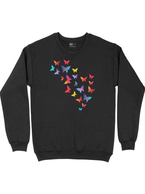 Cix Renkli Kelebekler Siyah Sweatshirt