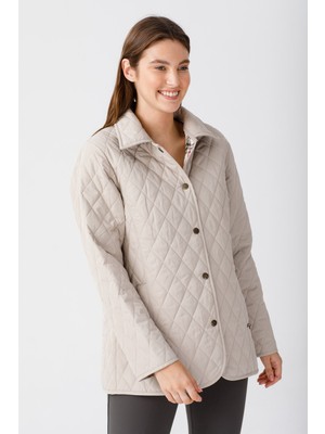 Desen Triko Kadın Kapitone Araboy Ceket 02421433 Bej