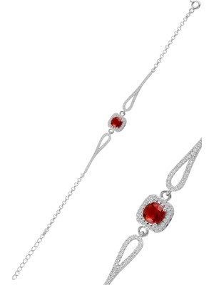 Söğütlü Silver Gümüş Kırmızı Zirkon Taşlı Pırlanta Modeli Kare Bileklik