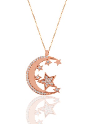 Söğütlü Silver Gümüş Rose Zirkon Taşlı Ay ve Yıldızlar Kolye