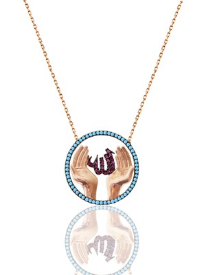 Söğütlü Silver Gümüş Rose Turkuaz Taşlı Allah'a Duacı Eller Kolye