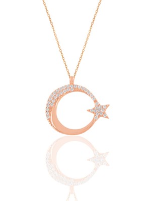 Söğütlü Silver Gümüş Rose Zirkon Taşlı Ay Yıldız Kolye