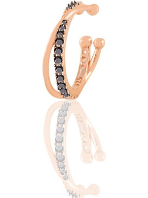 Söğütlü Silver Gümüş Rose Onix Taşlı Iki Sıra Görünümlü Sıkıştırmalı Tekli Kıkırdak Küpe