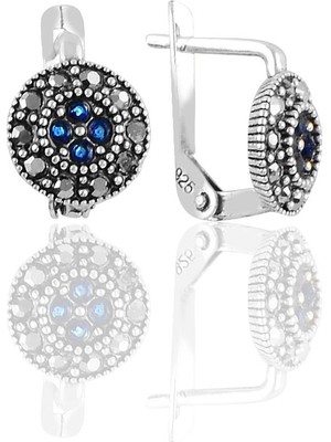 Söğütlü Silver Gümüş Markazit ve Safir Taşlı Yuvarlak Küpe