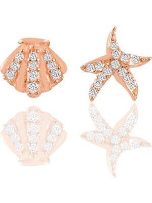 Söğütlü Silver Gümüş Rose Zirkon Taşlı Deniz Yıldızı ve Midye Modeli Kombin Küpe