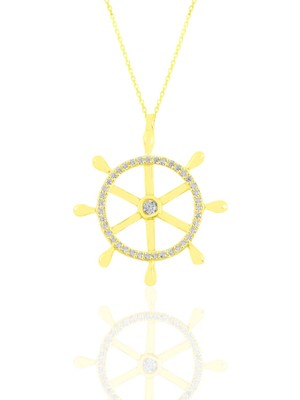 Söğütlü Silver Gümüş Altın Yaldızlı Zirkon Taşlı Gemi Dümeni Kolye