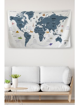 Harita Sepeti Duvar Örtüsü / Halısı Detaylı Güncel Türkçe Dünya Haritası   Kanvas Kumaş